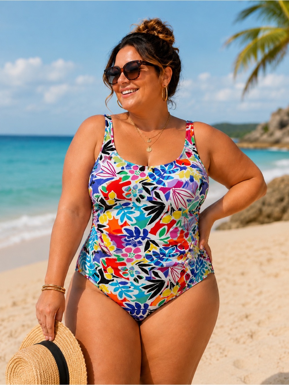 CARRIBEAN‎ JOE Retro Colourful One Piece Swimsuit Bright Bold Colourful Beach